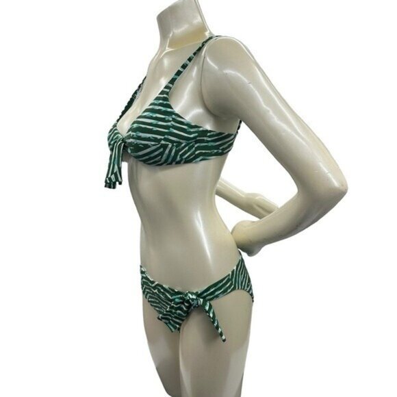 Aerie American Eagle M Side Tie Bikini Green Mod Stripe Print Real Good Swim - Picture 2 of 11